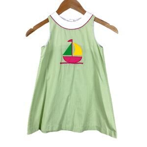 Green White Stripe Dress Boat Applique Beth Terell for Johnston Girls 6